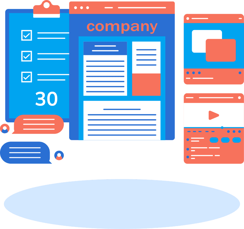 Illustration of business credibility and operations dashboard with website, checklist, calendar, video content, and customer messages