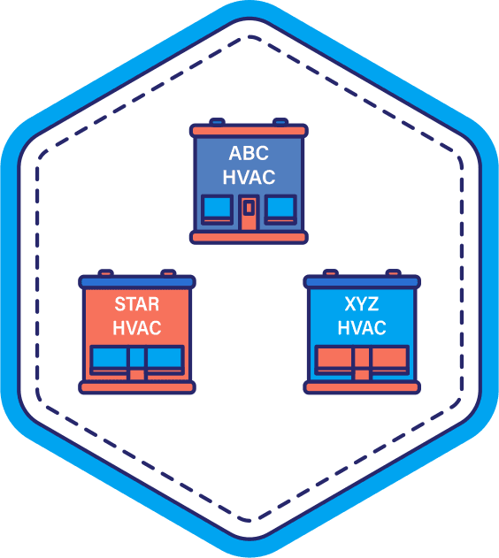 Icon showing three HVAC company storefronts labeled ABC HVAC, Star HVAC, and XYZ HVAC, representing comparison of local HVAC contractors