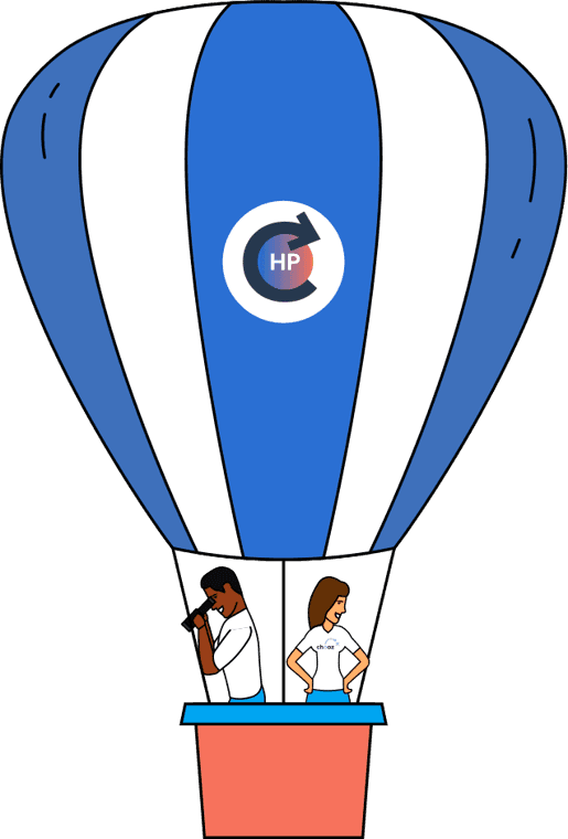 Illustration of two people in a hot air balloon with a circular P logo, symbolizing exploration and finding local painting professionals