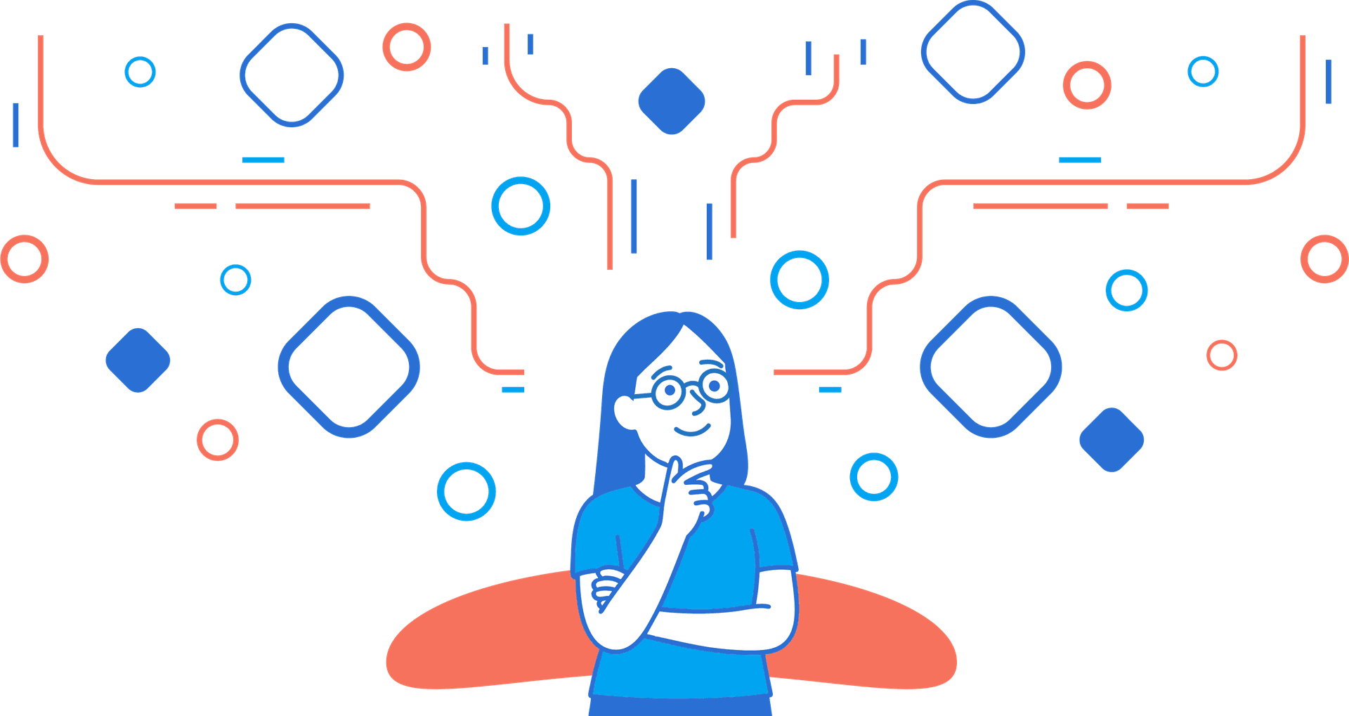 Illustration of a thoughtful person surrounded by abstract network lines and nodes, symbolizing searching and comparing local painters online